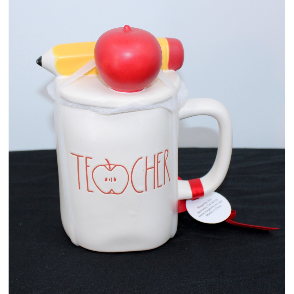 Rae Dunn Teacher Mug Apple Pencil Lid Red Ribbon Gift Boxed